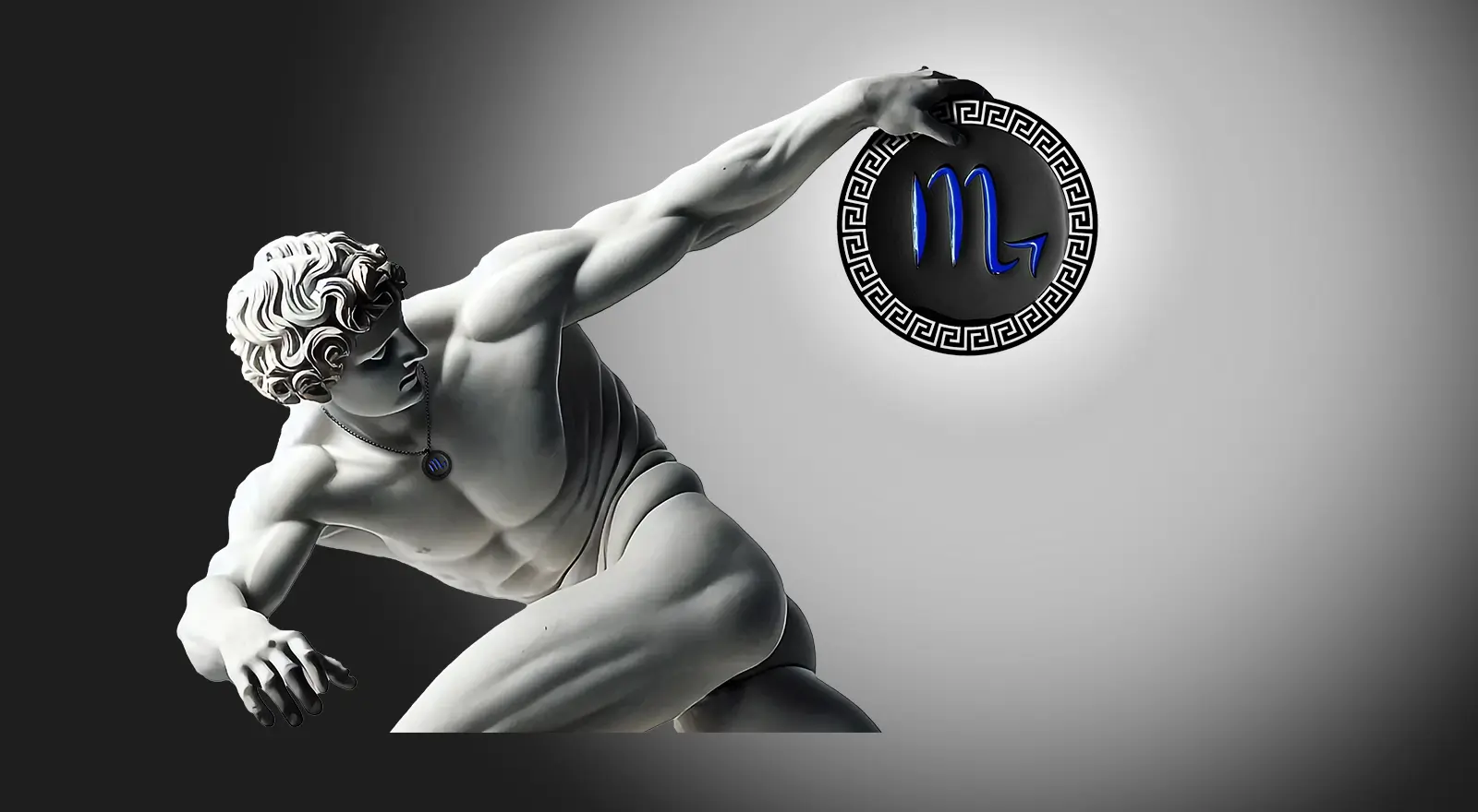 moki_skorpion-Kette_action Klassische Statue mit Skorpion Kette, schwarzer, runder Anhänger mit Skorpion-Symbol