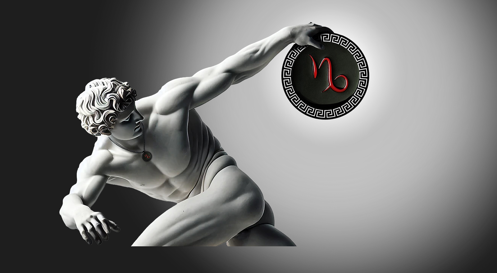 Klassische Statue mit Steinbock Sternzeichen Kette, schwarzer, runder Anhänger mit Steinbock-Symbol